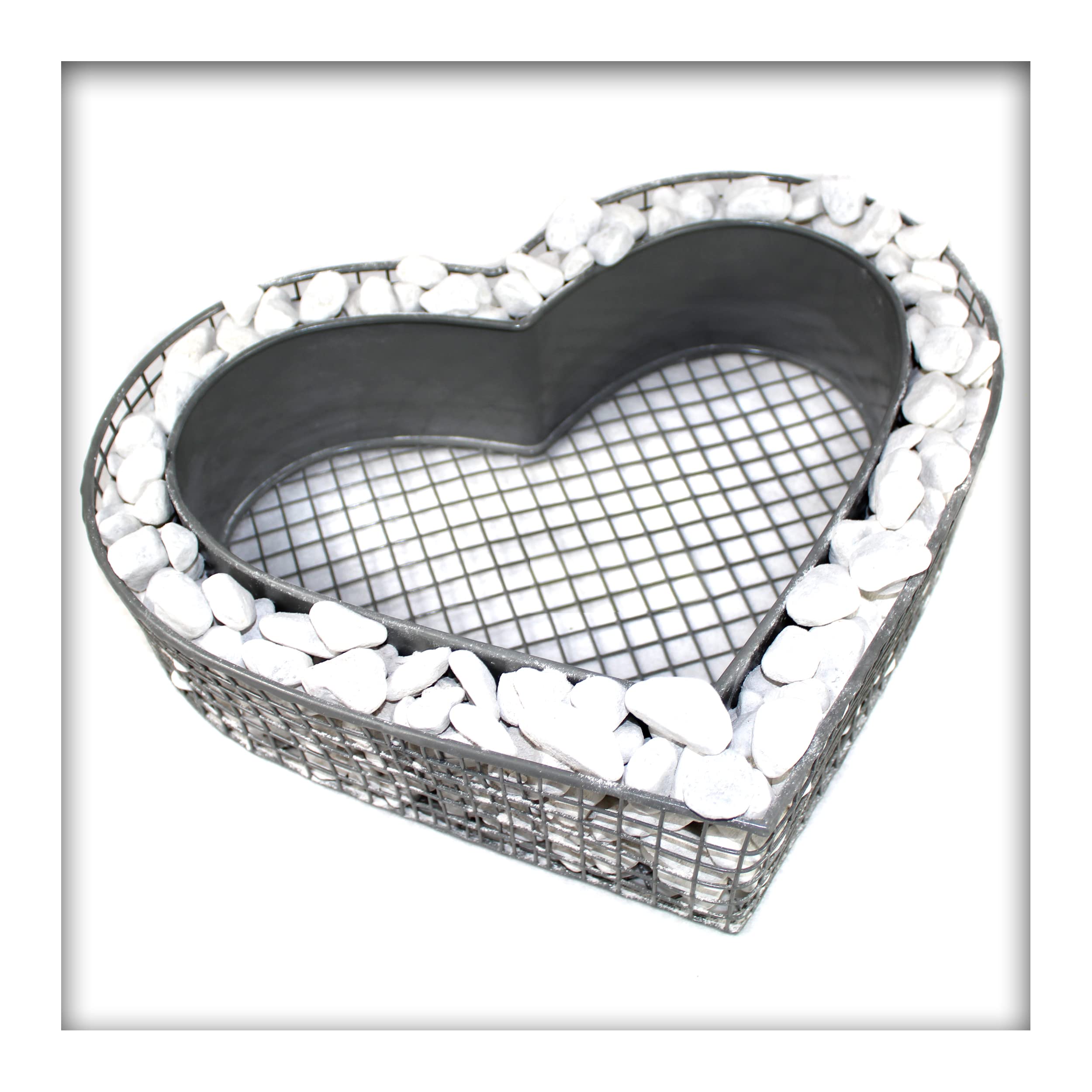 Herz-Gitter Grabschmuck Mit Glasnuggets – Pflanzschale Für Friedhof, 37,5 X 31,5 Cm, Inkl. 3 Kg Weiße Nuggets
