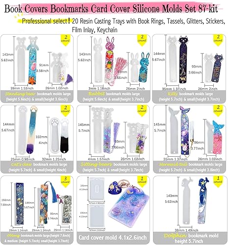 Miniatura 2 de Funshowcase Juego de 87 fundas para cuadernos, fundas de tarjetas, moldes de resina de silicona, juego de 87 piezas con anillos de libros, borlas y