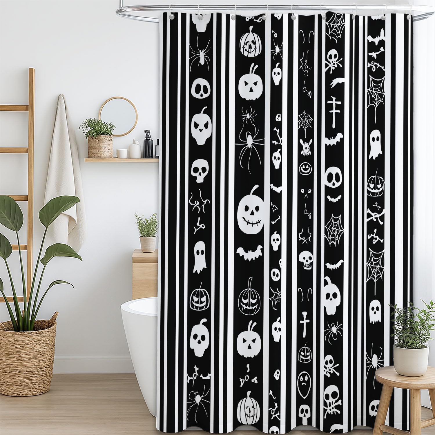 Generico Fantasia Tenda Da Doccia Silhouette Tema Halloween Nero Bianco, Tenda Da Doccia Per Bagno, Vasca Da Bagno, Tenda In Poliestere Impermeabile Con Ganci In Plastica, 180 x 200 cm