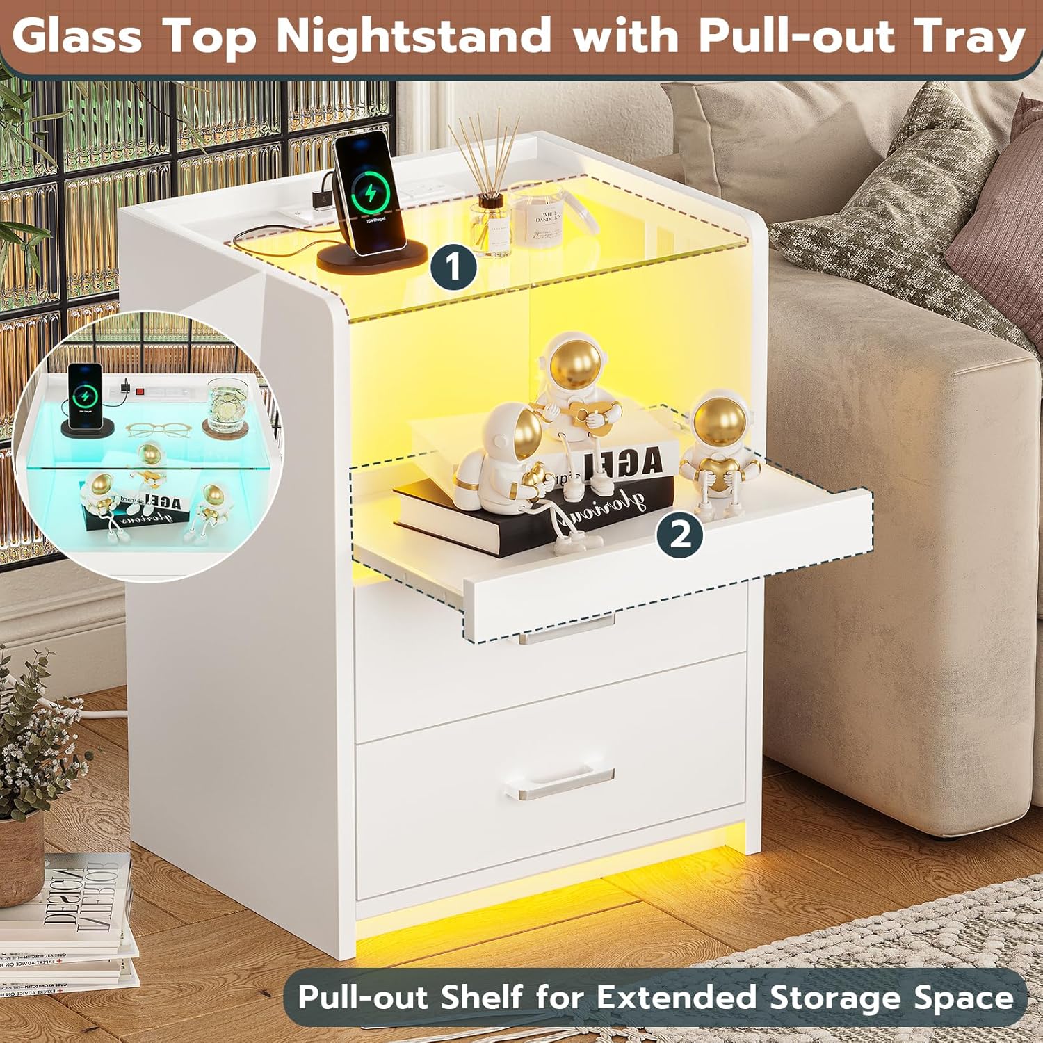 VIAGDO White Nightstand with Charging Station and LED Lights, 2 Drawers LED Night Stand with Tempered Glass Tabletop, Modern End Side Tables with Pull-Out Tray, Open Storage Bedside Tables