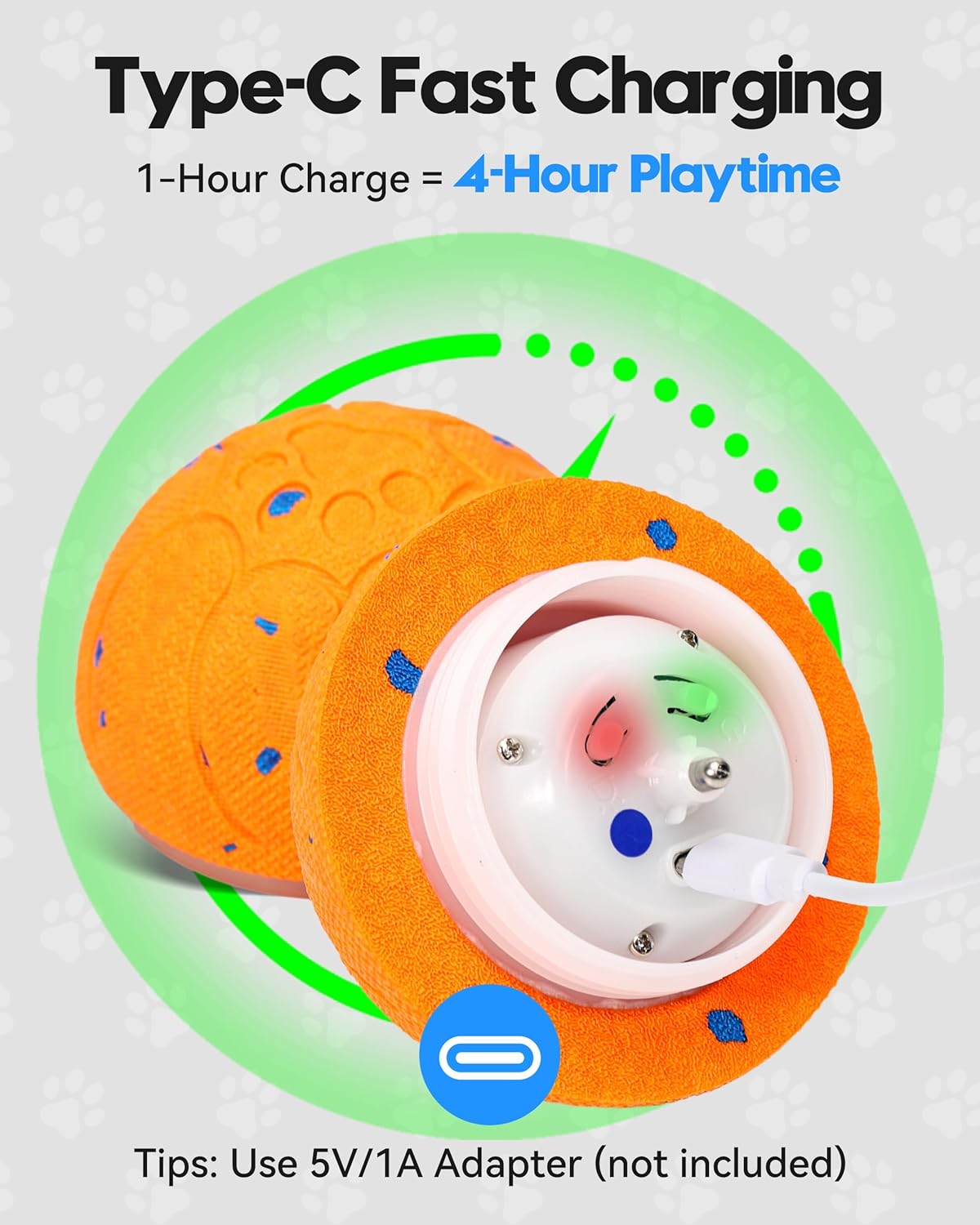 Orange Interactive Dog Ball Toy, Smart Automatic Moving Dog Toy with 3 Play Modes & LED Light, USB-C Rechargeable Waterproof Interactive Dog Toys for Small Medium Dogs Indoor Play