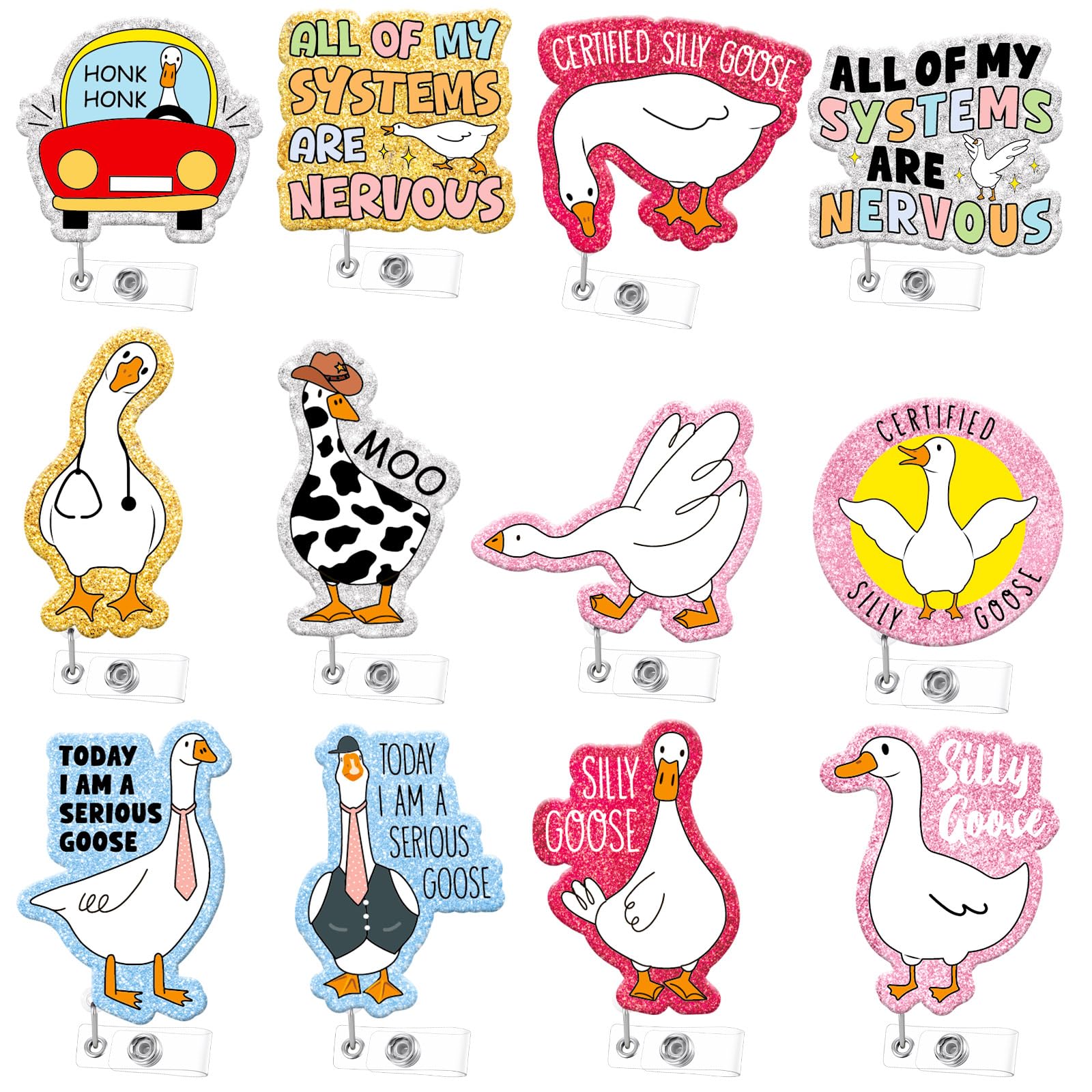 12 PCS Funny Silly Goose Badge Reel Goose Badge Holder Clip Nurse ID Badges Clip Nurse Retractable ID Card Holder Cute Badges Reel for Doctor Student Medical Coworker Work Accessories Bulk Gifts