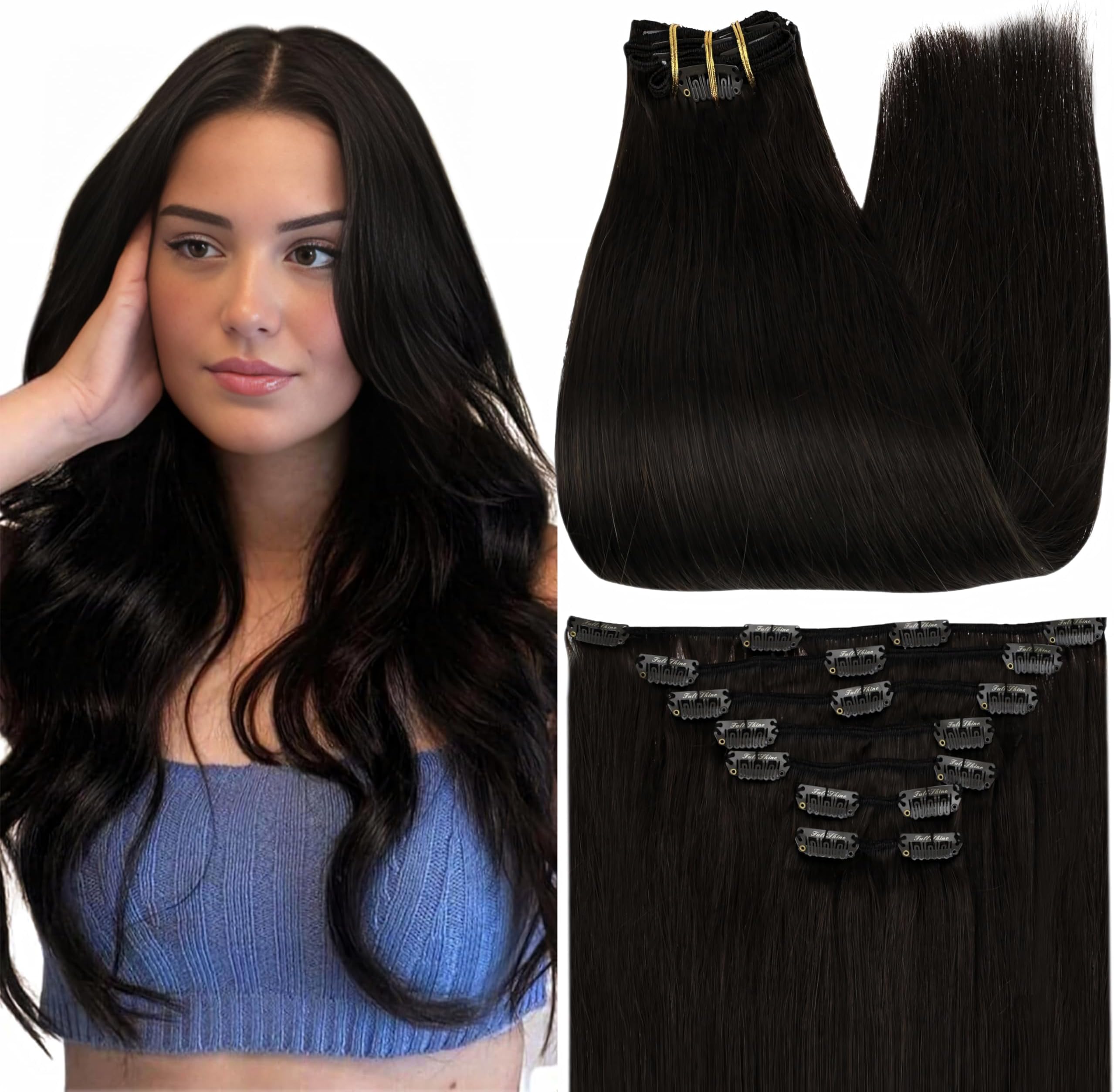 Full Shine Clip on Black Hair Extensions Real Human Hair 7 Pcs 120 Grams Remy Hair Silky Straight Clip in Hair Extensions for Black Women 16 Inch