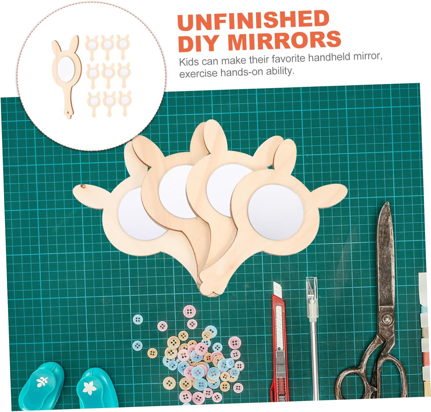 Unfinished Wooden Boys and Girls Hand Mirror Craft Set 10 Pieces for DIY