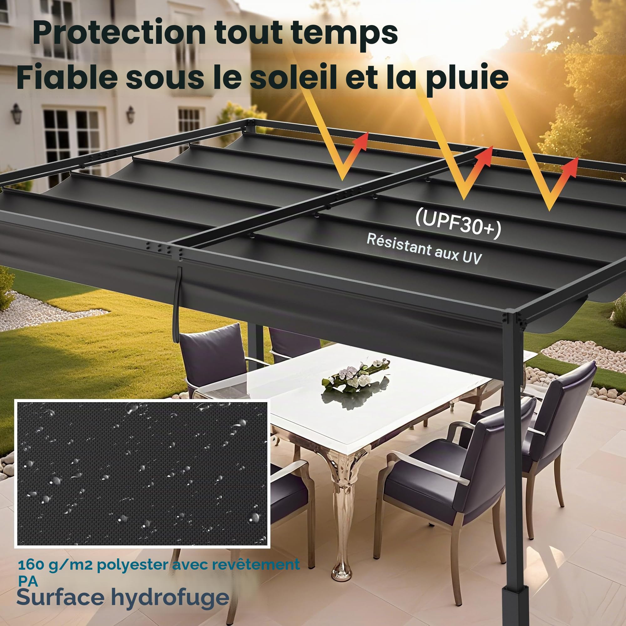 UISEBRT Pergola métallique 3x4 m étanche stable Résistante à l'hiver, pavillon avec toit à lamelles, abris de jardin autoportant avec toit coulissant, protection solaire pour jardins et terrasses
