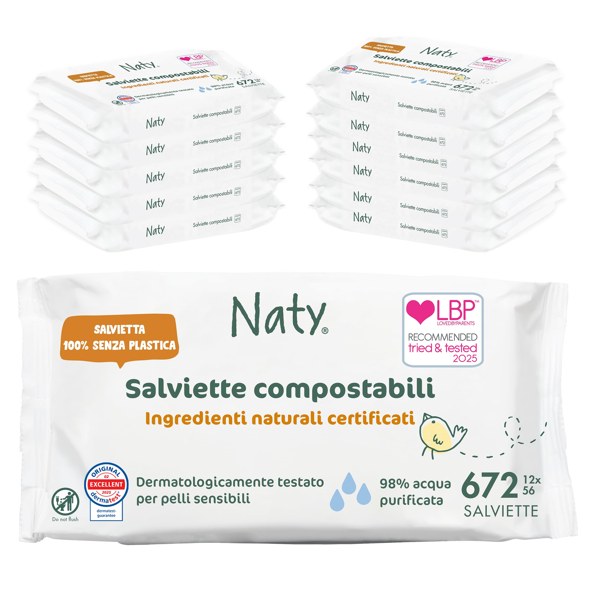 Naty Salviettine per Neonati e Bambini | 98% Acqua, Ipoallergeniche e Naturali per Pelli Sensibili | Senza profumo | Dermatologicamente testate | 672 pezzi (12 confezioni)