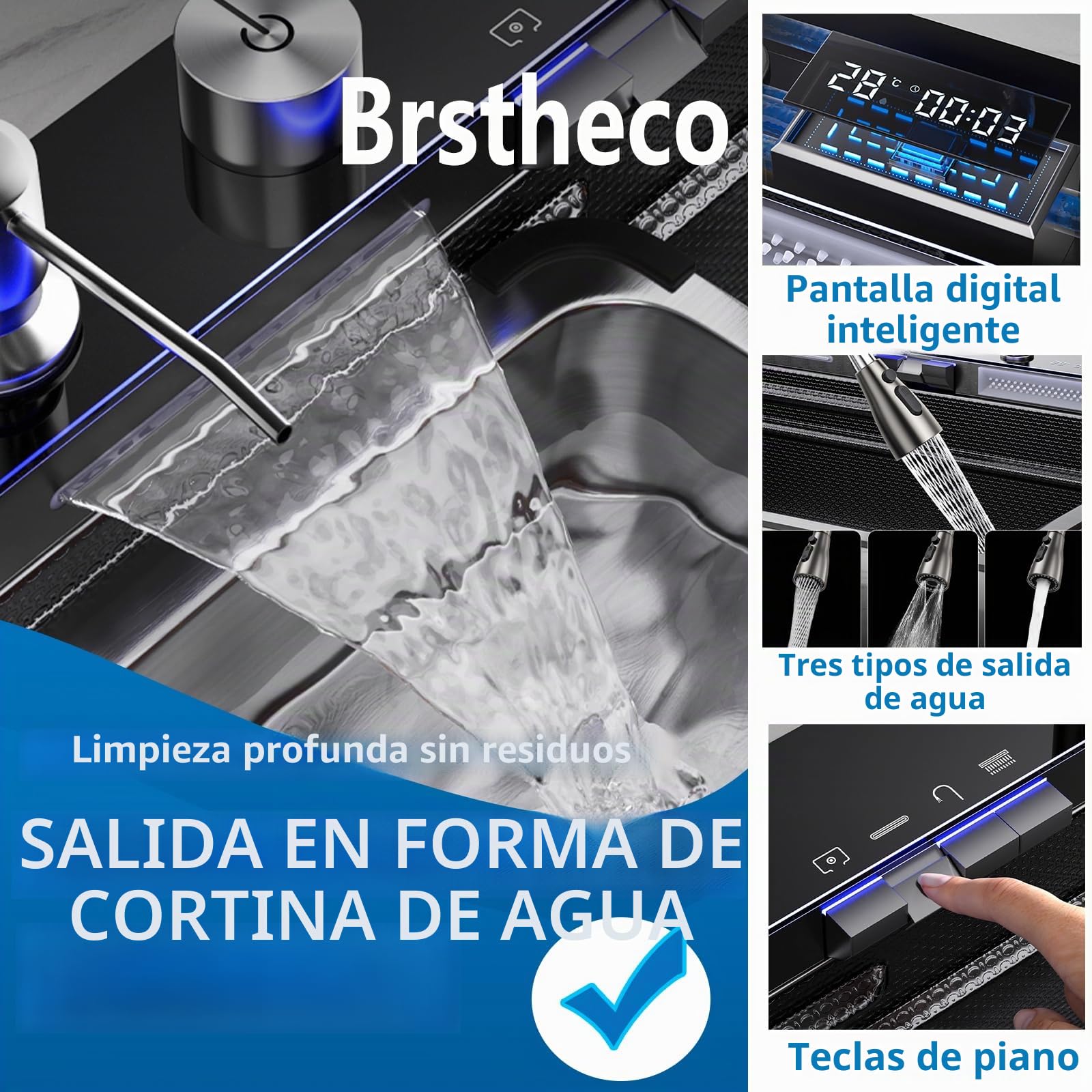 Fregadero Cocina 75 x 45cm,Fregadero Acero Inoxidable Grifo extraíble,fregadero negro Dispensador de jabón,Fregadero Bajo Encimera Pantalla de visualización (Fregadero de cocina 1)