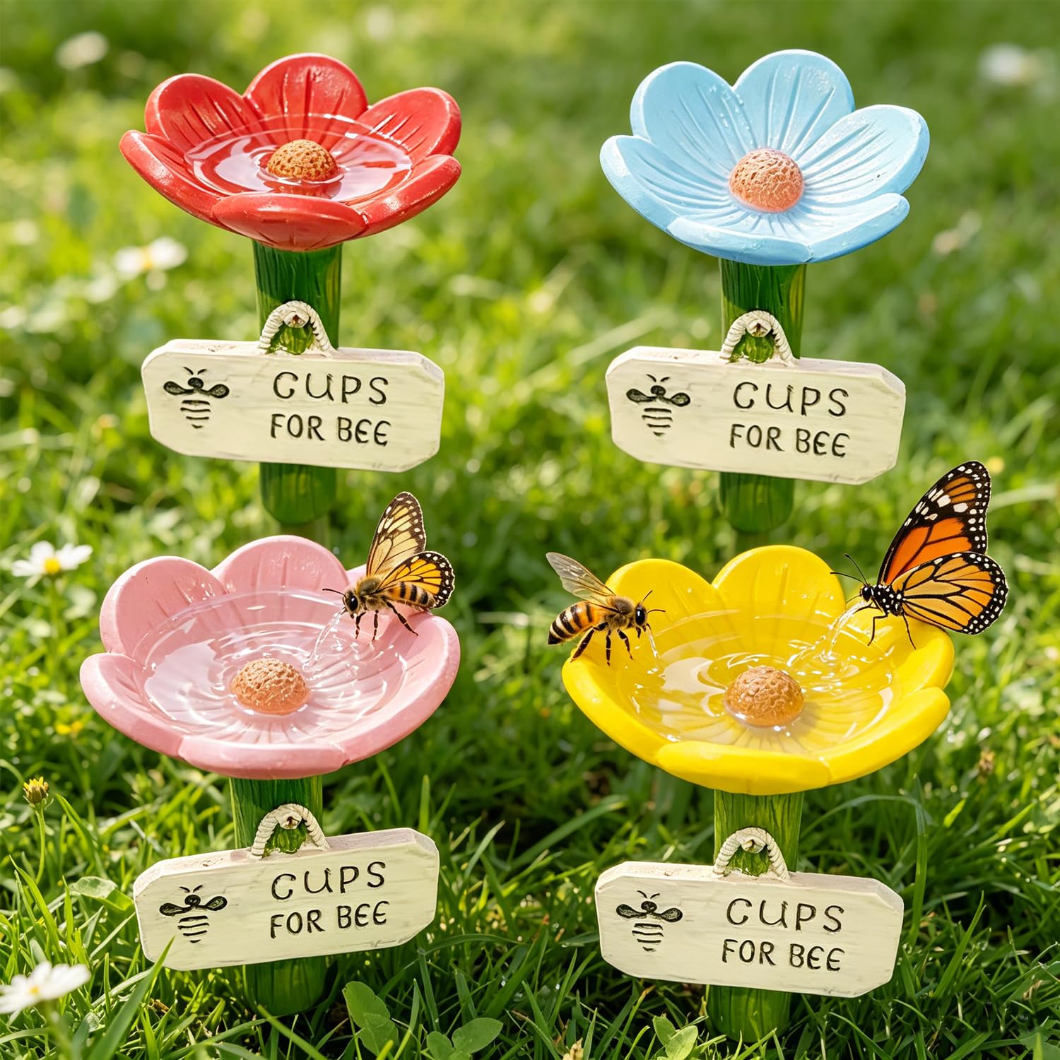 Lansls 3Pcs Flower-Shaped Bee Watering Station, Cups For Bees, Resin Bee Cups For Thirsty Pollinators, Colorful Outdoor Water Feeder For Bees & Butterflies, Garden Lawn Patio Decor (4 Pack)