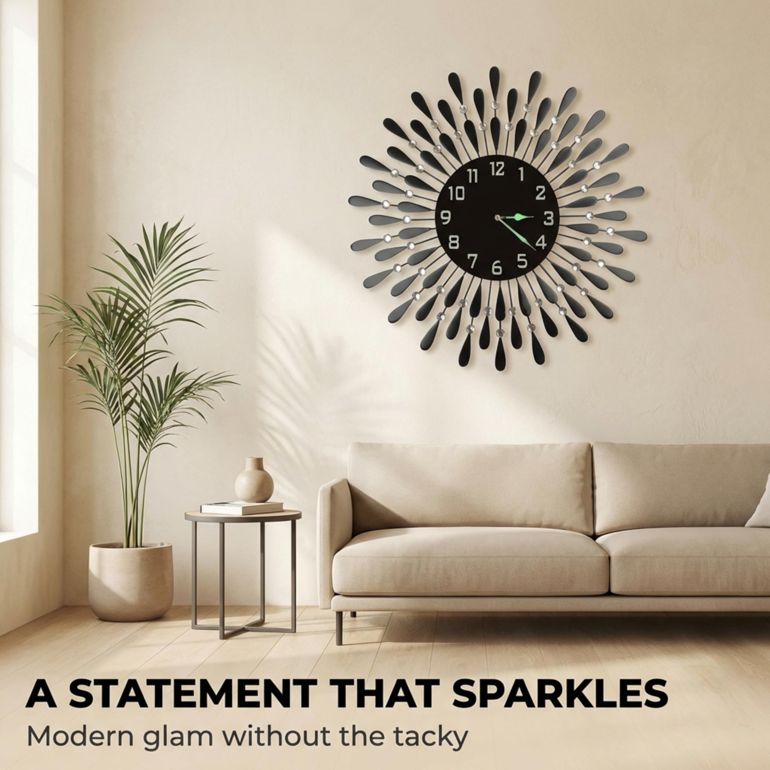 LuLu Decor, Metalowy zegar ścienny z czarną kroplą, 23 cm, 24 cm, czarna szklana tarcza z cyframi arabskimi, dekoracyjny zegar do salonu, sypialni, przestrzeni biurowej
