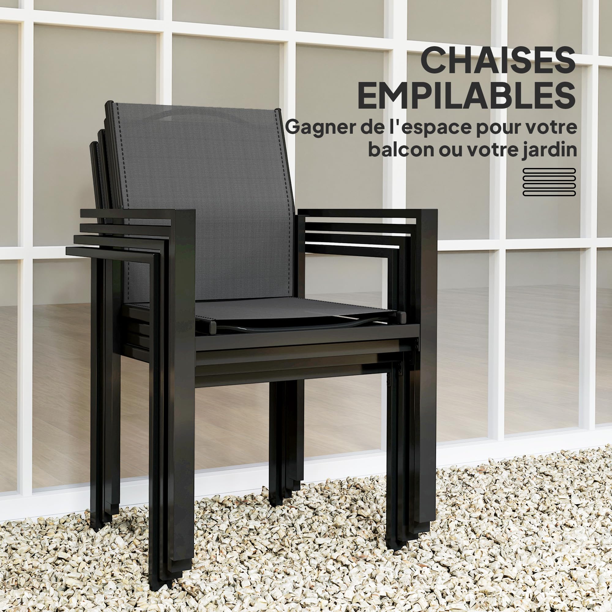Outsunny Salon de Jardin extérieur 4 Personnes, Table de Jardin extérieure avec 4 chaises empilables, Plateau en Verre trempé 140 cm, mobilier de Jardin, terrasse, Porche, Noir