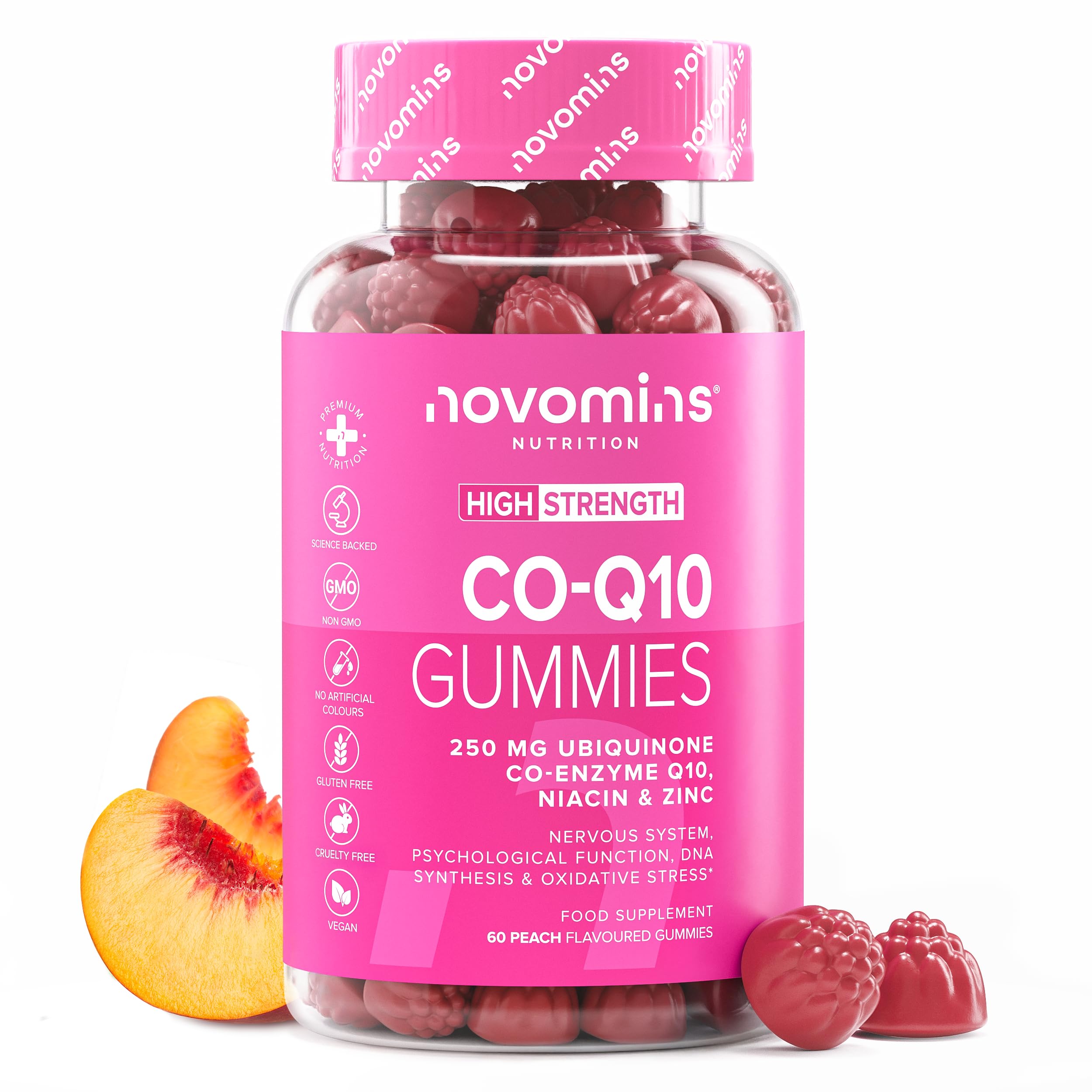 CoQ10 Gummies – 250mg High Strength CoQ10 Supplement – 60 Gummies – Coenzyme Q10 with EPA, DHA, Vitamin B3 & Zinc - Co Enzyme CQ10 Naturally Fermented High Absorption CQ10 Supplement - Novomins