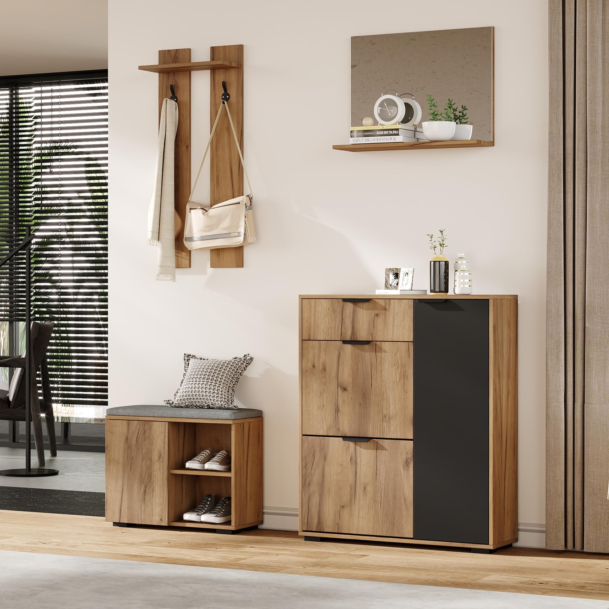 LAKFEW Conjunto de Perchero de Pared con Espejo y Zapatero, Perchero Entrada Recibidor con Banco Almacenaje y 2 Ganchos, Juego de Mueble Recibidor Entrada con Cajón, 140x35x139 cm, Natural+Negro
