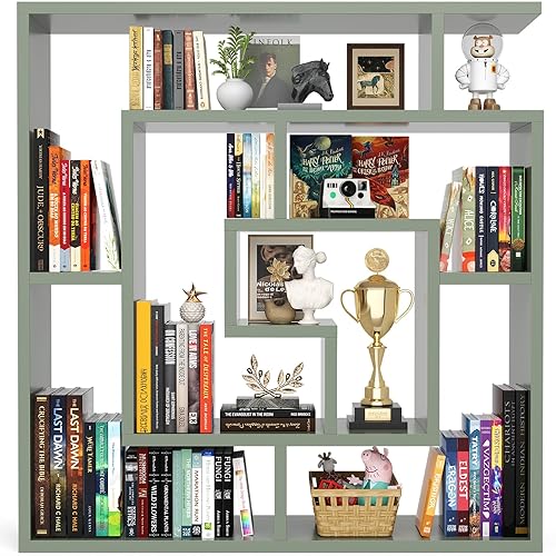 armocity 6-Tier Wall Mounted/Freestanding Bookshelf Geometric Bookcase with Variety of Shelf Heights for Storage/Display for Wall Bedroom Living Room Home Office, 45.5"(W) * 47"(H), Crab Green - Crab Green - 45.5"(W)