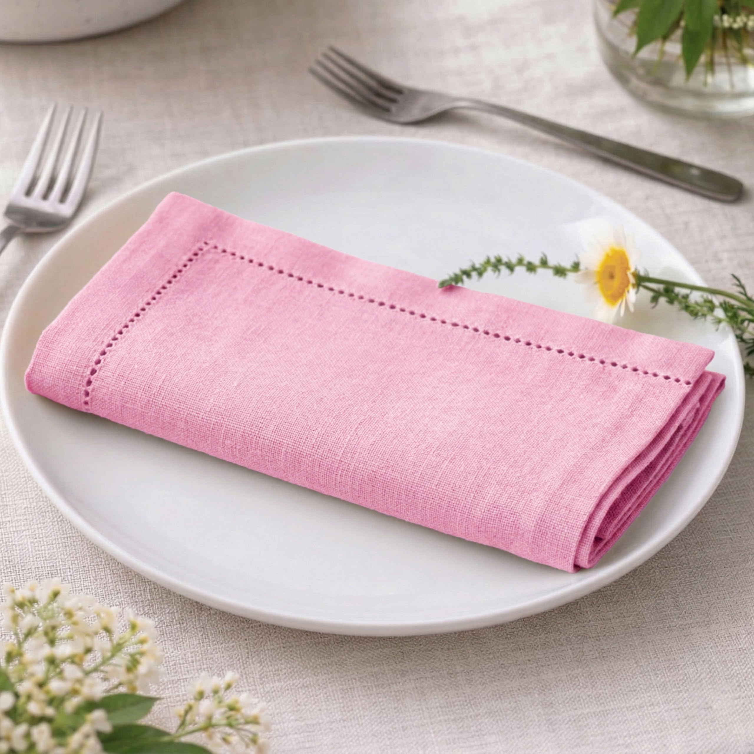 Palisa Różowe serwetki obiadowe z obszytymi detalami, zestaw 12 sztuk, 45 x 45 cm, bawełniane, miękkie, wielokrotnego użytku, na lato, do restauracji, na wesela i do codziennego użytku, kolor różowy
