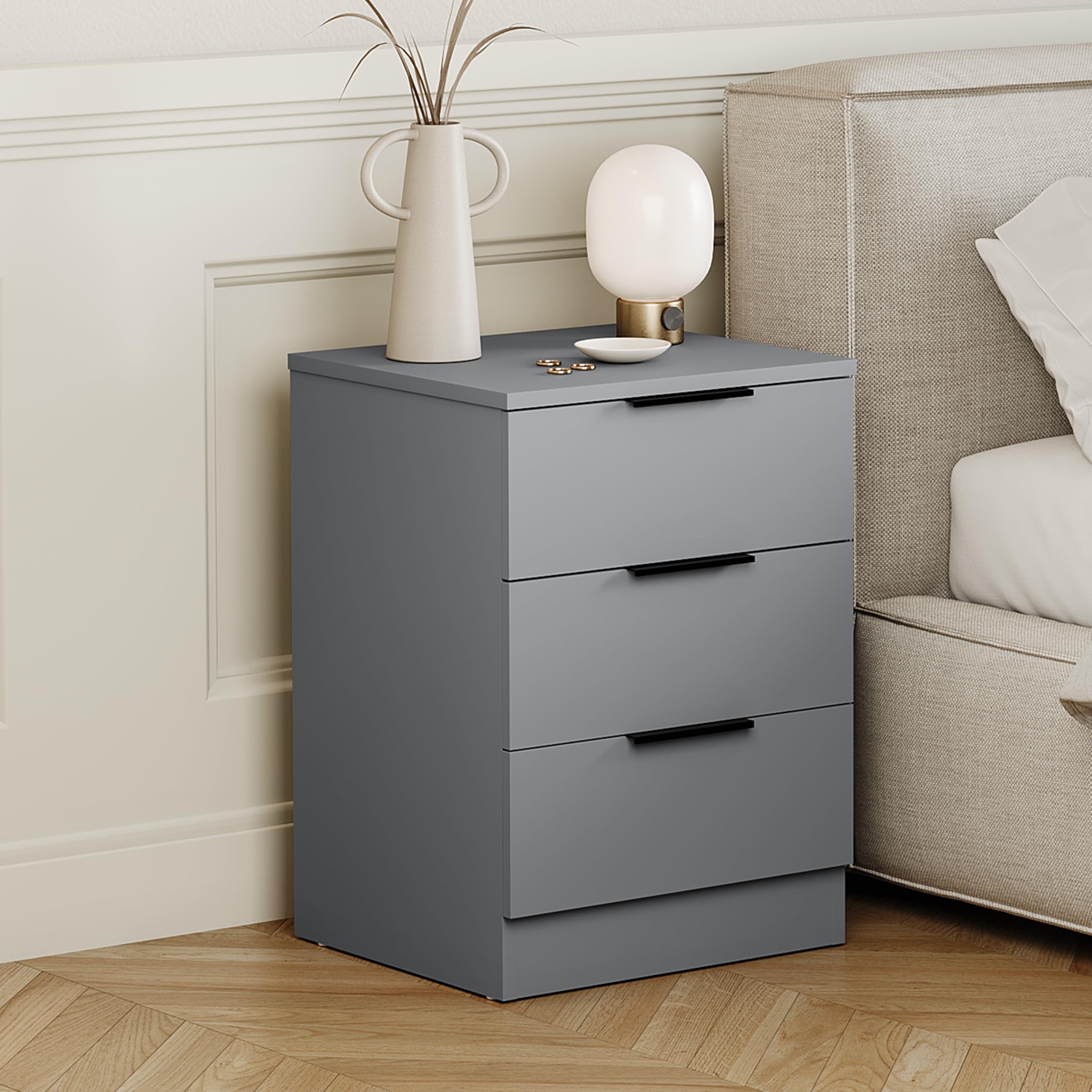 Vida Designs Trega 3 Drawer Bedside Cabinet Grey - Compact Space-Saving Nightstand - 50H x 39W x 28D cm - Engineered Wood - Glide Drawers, Modern Black Handles - Ideal for Bedroom & Guest Room