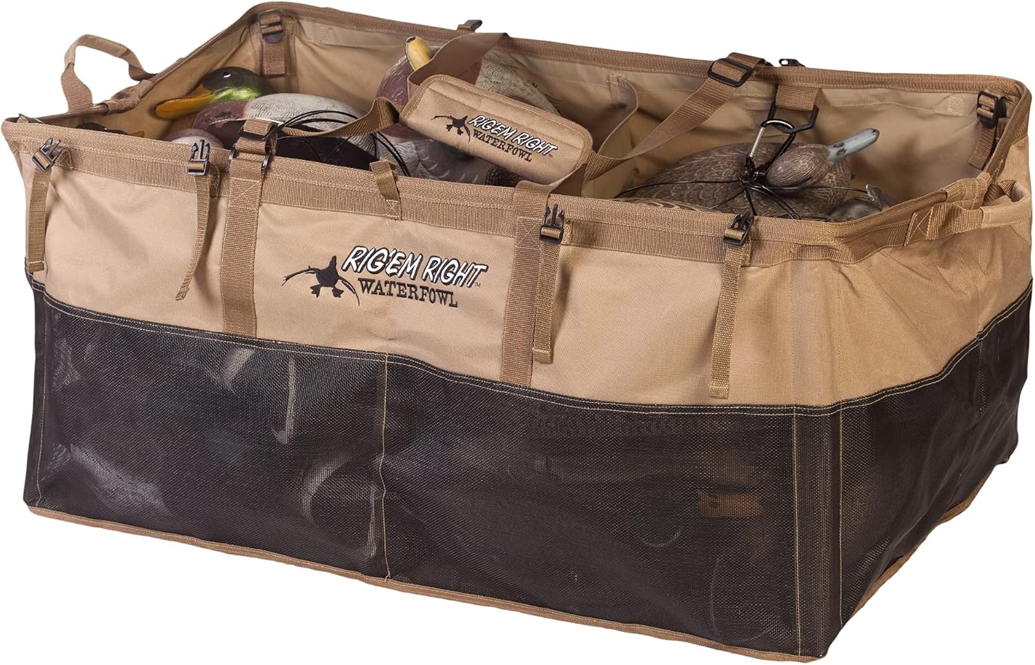 Rig'Em Right Waterfowl Long Haul Bird Hunting Decoy Bag with Padded Floating Bottom and Padded Shoulder Straps - Holds 36 Duck Floaters when Open and 24 when Closed