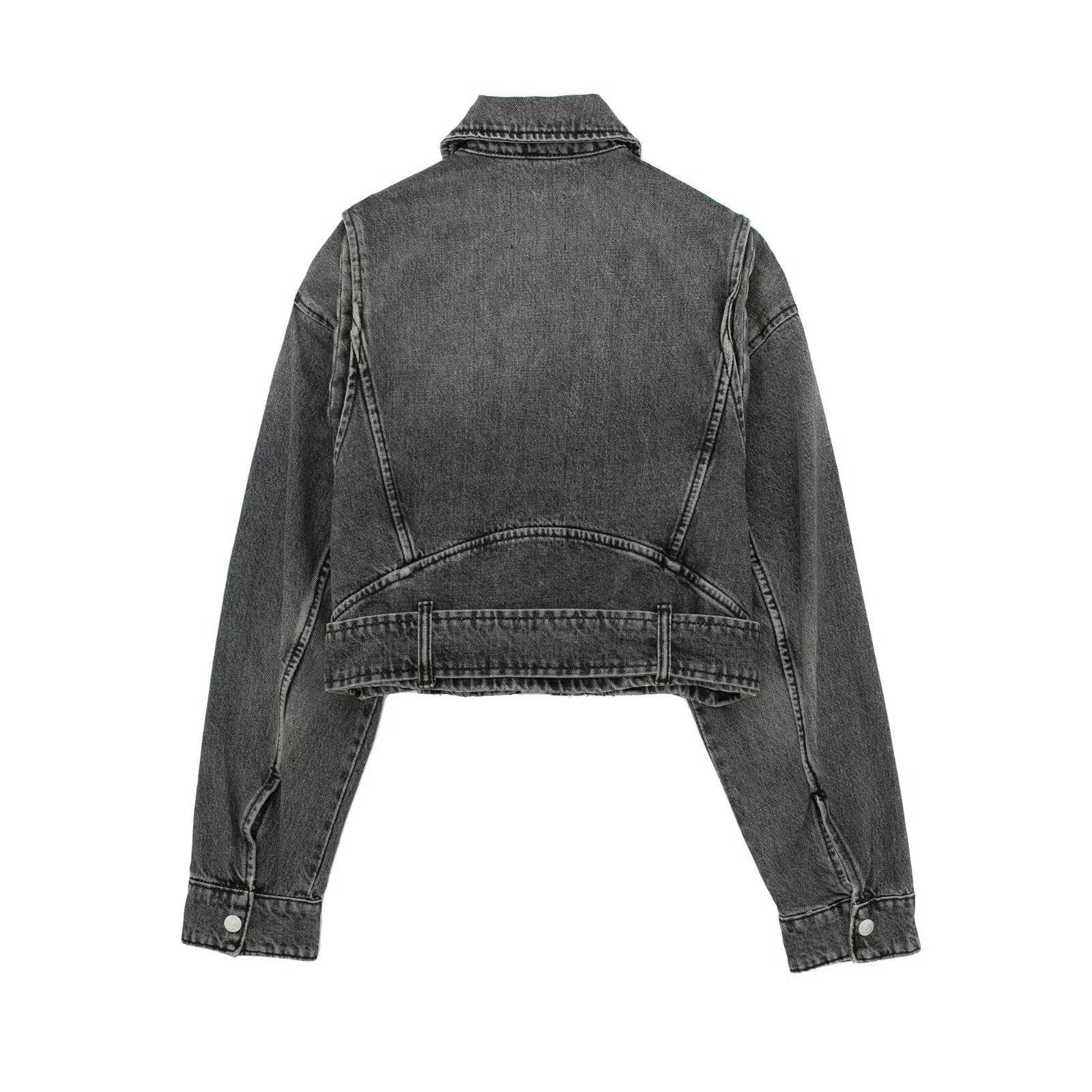 Chaqueta vaquera de motocicleta para chica, Chaqueta corta con cinturón holgado y solapa Retro para mujer, Top
