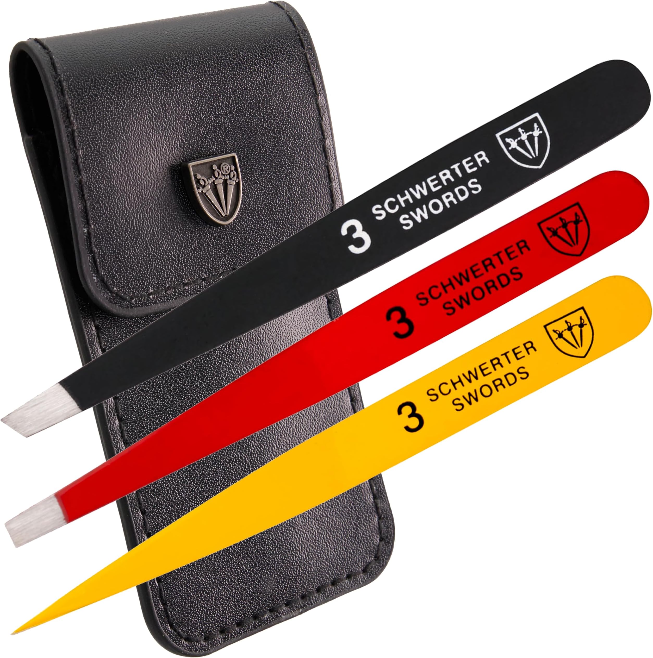 brand quality professional stainless steel precision tweezer set “GERMANY”, slanted, straight, pointed eyebrows hair, synthetic leather case, manicure pedicure by 3 Swords (005342)