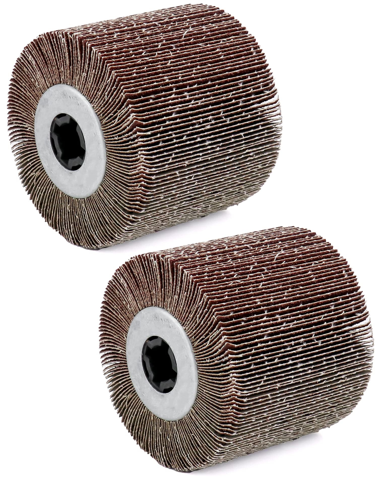 QWORK Flap Sanding Wheel, 2 Pack Wire Drawing Polishing Wheel, Aluminum Oxide Drum Burnishing Brush, 4.5" x 4" with 3/4"-4 Keyway (60 grit), Remove