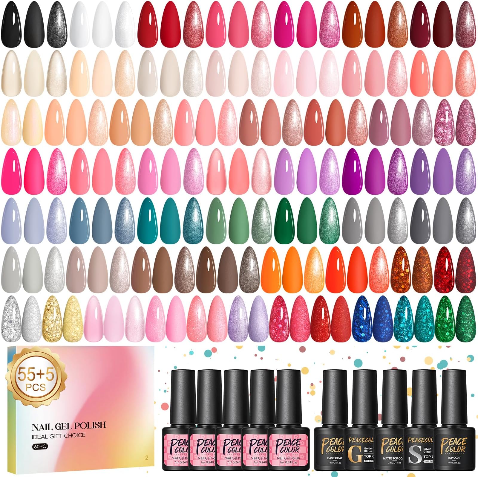 PEACECOLOR 60PCS Gel Nail Polish Set: Gel Nail Polish Starter Kit White Nude Glitter Red Colours with Base Coat and Glitter Matte & Glossy Top Coat Manicure Kit DIY Home Gifts for Women