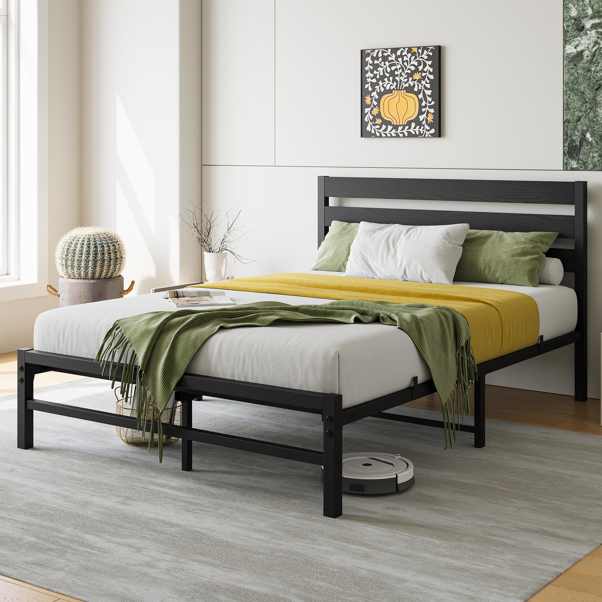 Crocofair Black Full Bed Frame with Rustic Vintage Wood Headboard,Mattress Foundation,Heavy Duty Metal Platform,Strong Metal Slats Support,No Box Spring Needed,Easy Assembly,Noise-Free