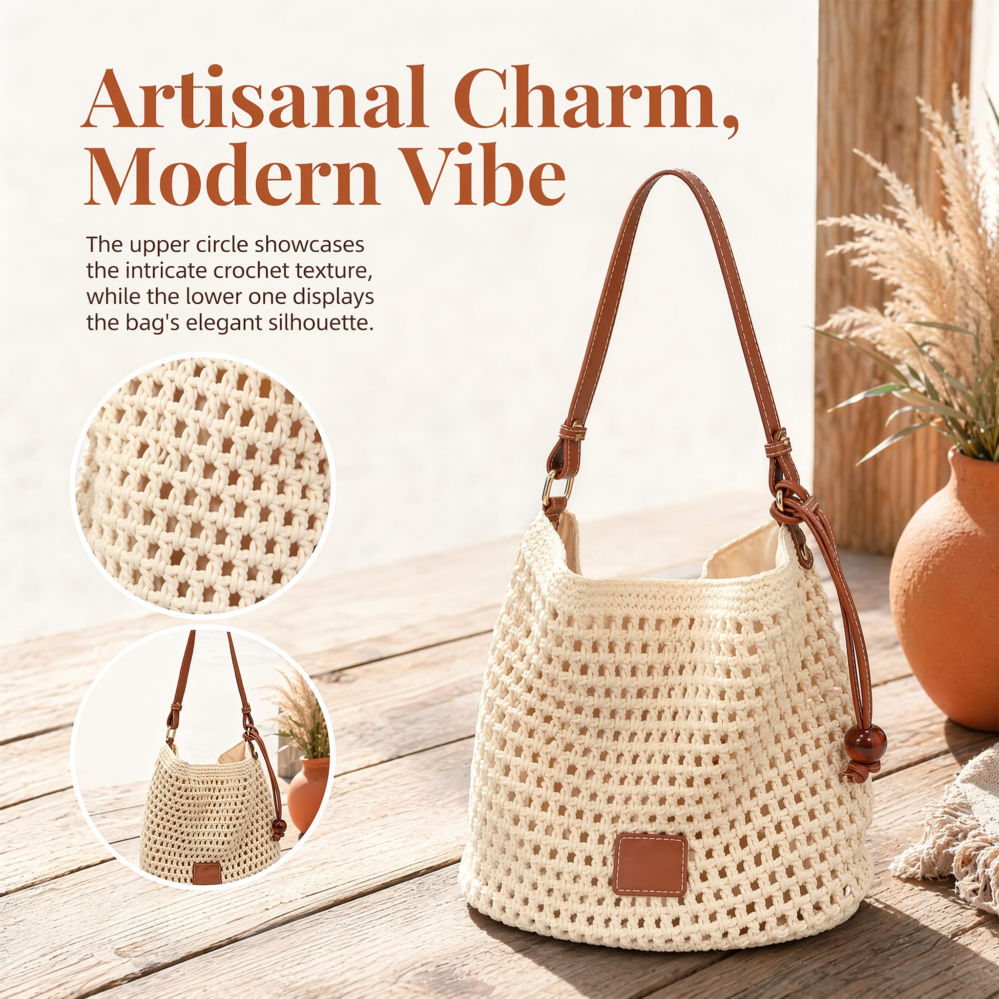 Sac fourre-tout en coton tissé main, Sac à bandoulière crochet été femme, Sac de plage bohème léger pour vacances, voyages, shopping et quotidien