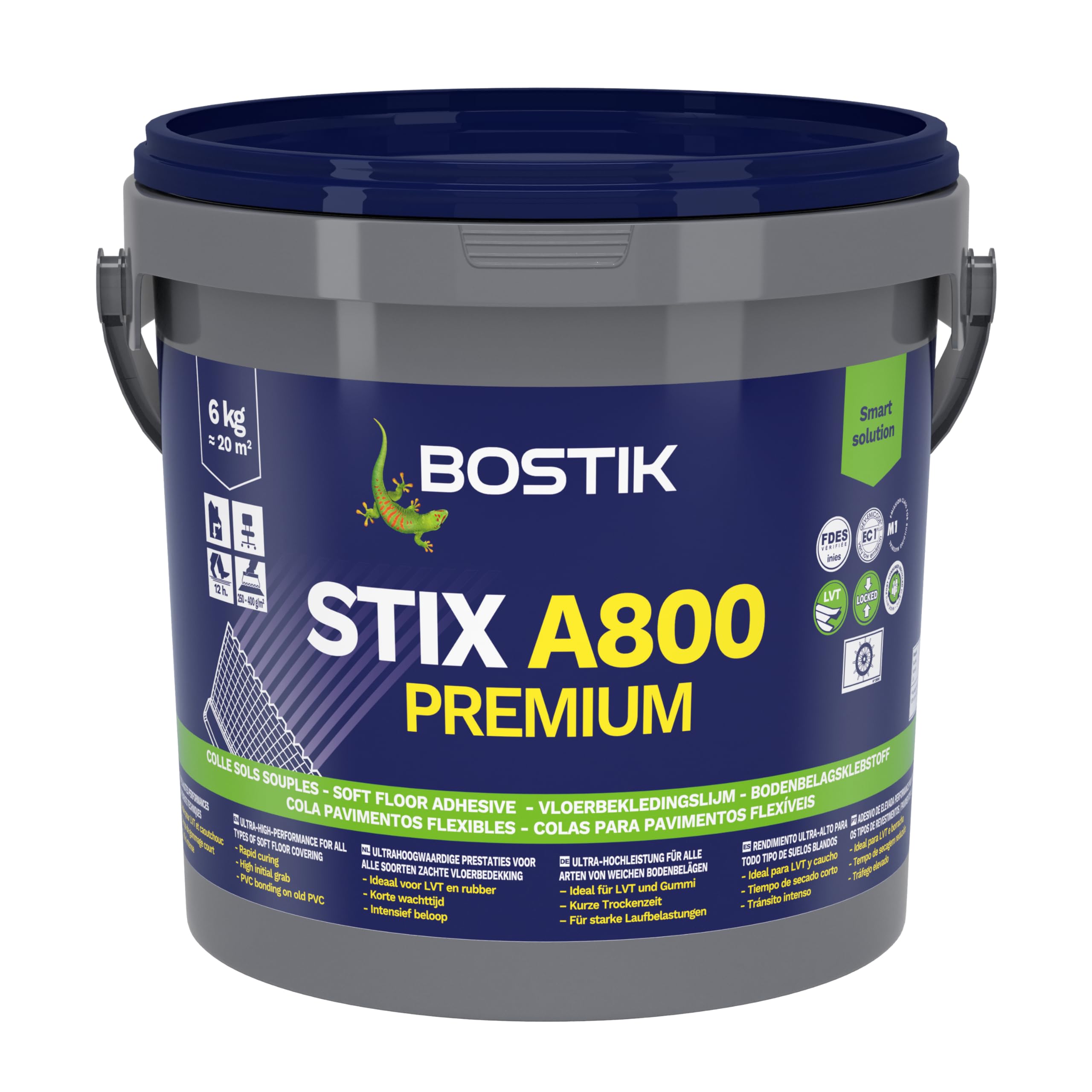 Bostik STIX A800 PREMIUM 6 kg – Colle Acrylique Ultra Haute Performance pour Revêtements de Sols Souples (LVT, PVC, Caoutchouc, Moquettes) – Tack Puissant – Usage Intense Sol & Mur