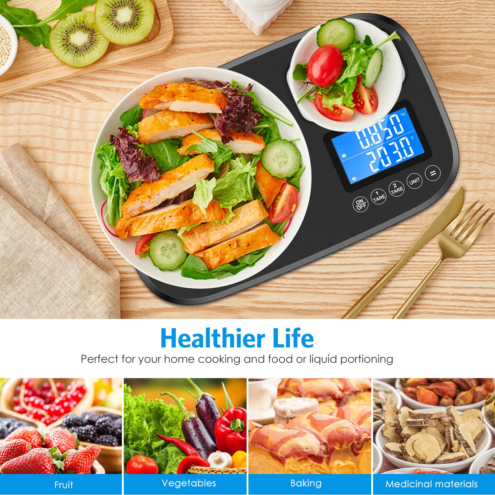 Brifit Bilancia digitale da cucina a doppia piattaforma, 10 kg e 1 kg, display LCD, bilancia per alimenti con due precisione da 1 g e 0,1 g, unità di conversione, bilancia digitale con funzione tara,