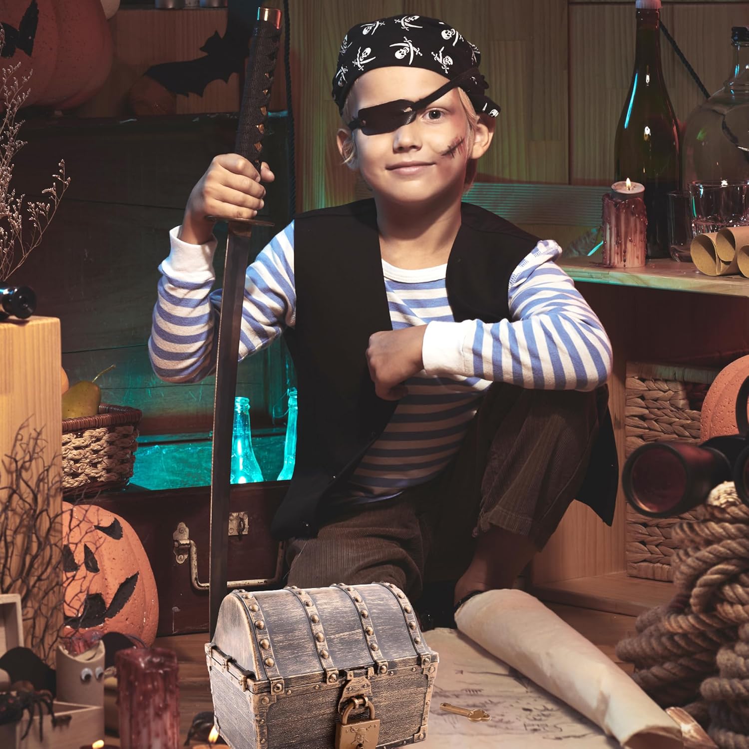 Lingway Toys Kids Pirate Treasure Chest Teacher's Favorite Treasures Collection Storage Box with 2 Sets of Locks and Keys Only(Vintage Bronze Coating,6.3X4.8X5.2)