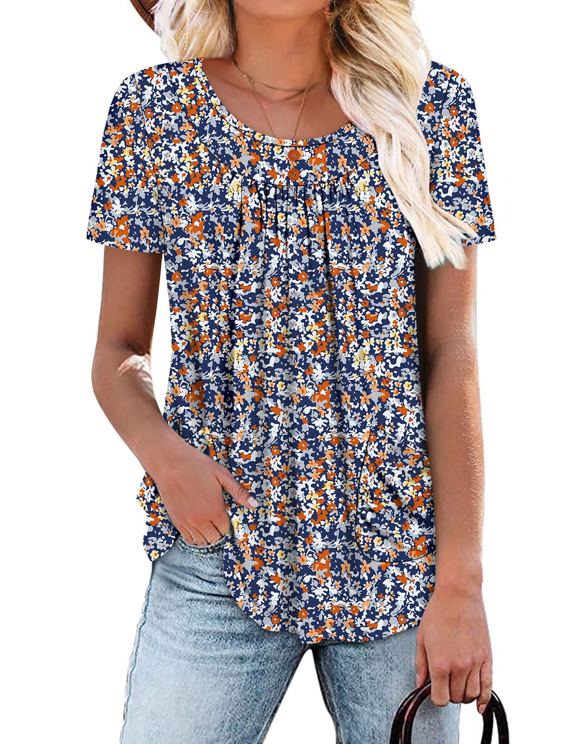 Angerella Women Tunic Tops Dressy Casual Summer Short Sleeve Shirts Floral Loose Fit Pleated Boho Top S-3XL