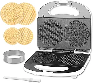 Mini Pizzelle Maker Machine with a 3'' Cutter, Mini Stroopwafel Iron, Bake 2 x 4'' Pizzelles or 3'' Stroopwafels, Excellent for Holiday, Party, Dessert Treat Making & More