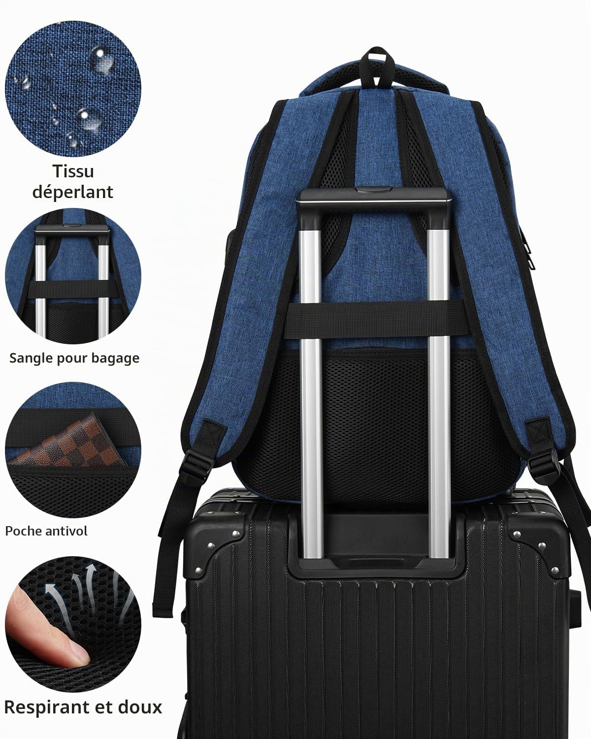 kadilong Sac à dos pour ordinateur portable - Sac à dos pour homme - Sac à dos d'école pour adolescents et garçons - Antivol avec chargeur USB et compartiment pour ordinateur portable