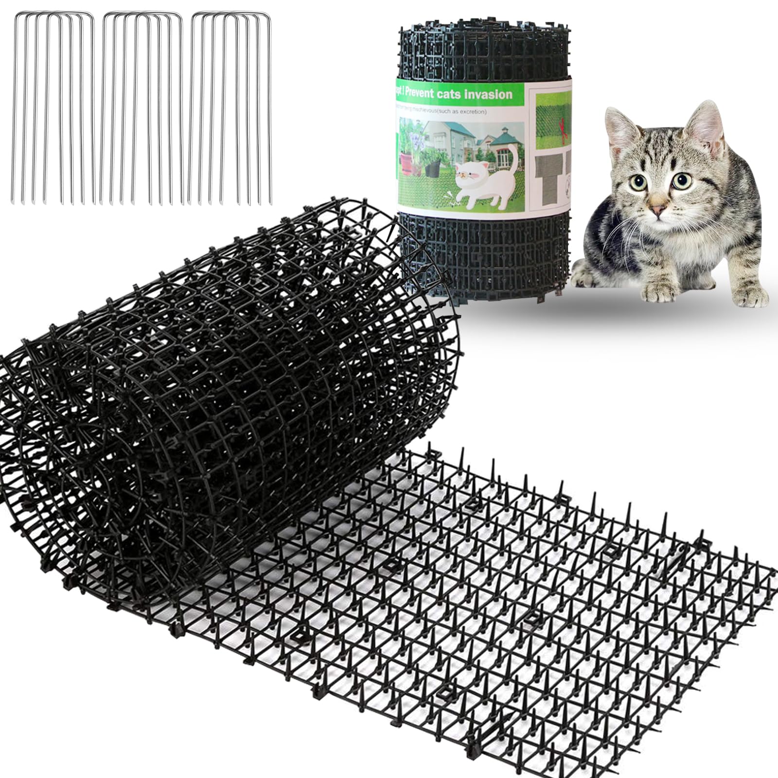 Scat Mat for Cats Black, 13ft Cat Repellent Mats with 6 Garden Staples, Plastic Training Scat Mat with Spikes, Anti-Cat Mats Dog Digging Deterrent Pad