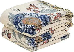 Boho Throw Blanket, 100% Organic Cotton Breathable Ultra Soft Bed Quilt Throw - All Season Floral Bird Butterfly Farmhouse Decor Blanket for Sofa Couch Chair and Gift. 80" x 90"