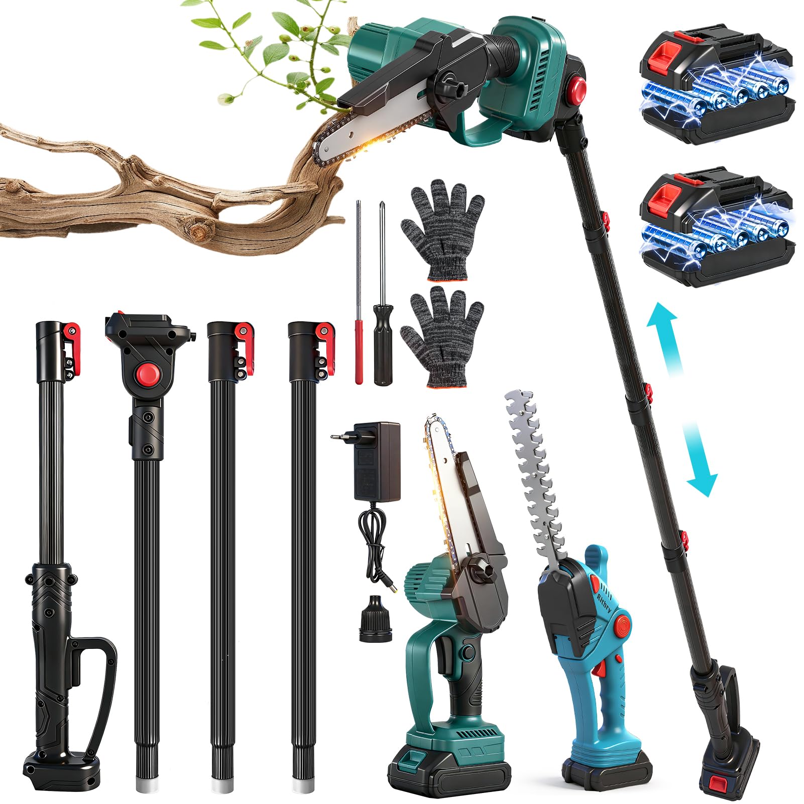4-in-1 Akku Hochentaster&Teleskop Heckenschere Set, 21V Reinkupfermotor, 2m Teleskopstange, 2×2,0Ah Akkus Elektrische Kettensäge&Motorsäge, Akku Heckenschere für Baumschnitt Heckenpflege Gartenarbeit