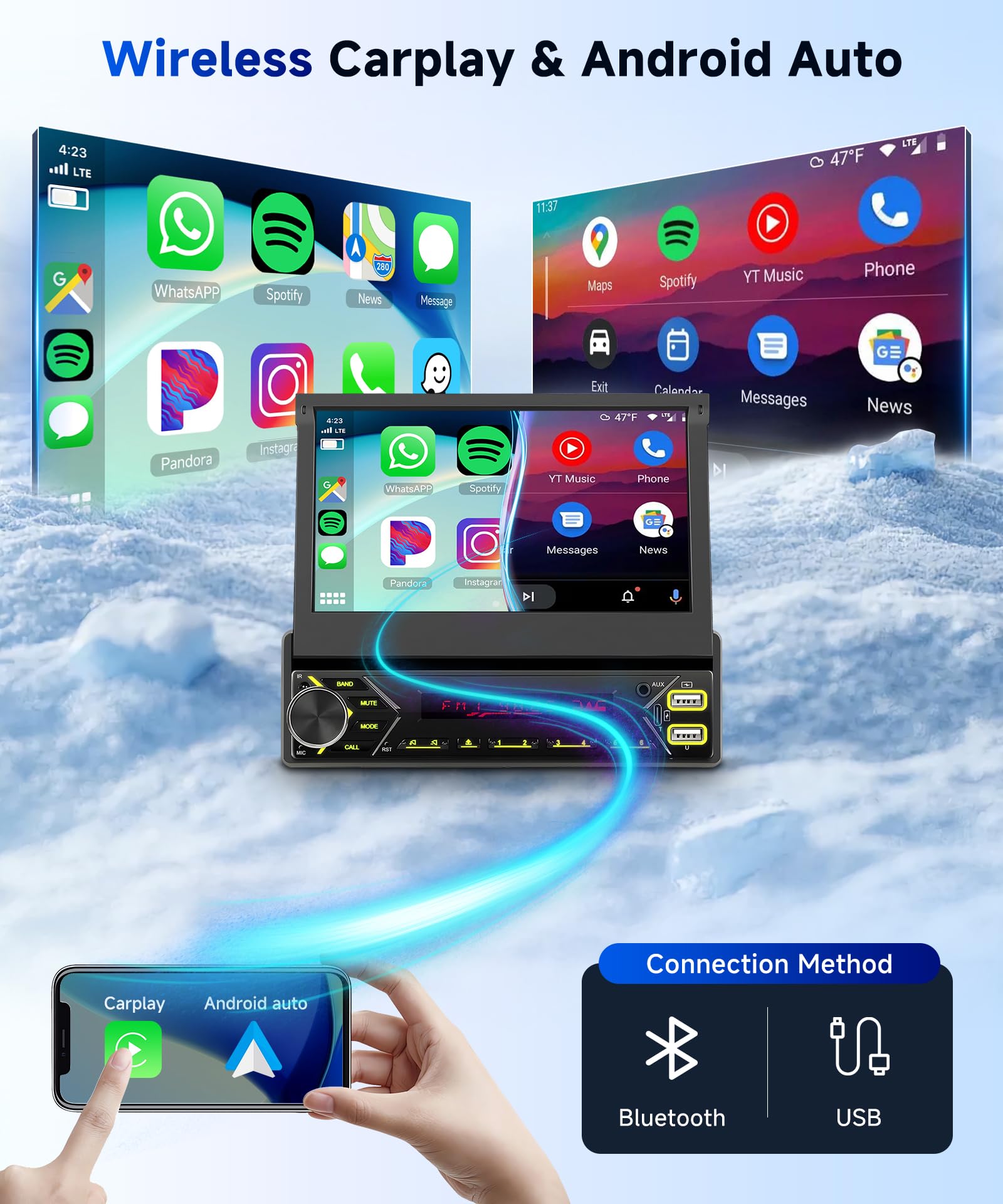 Hodozzy Dab Autoradio 1 din Carplay sans Fil Android Auto avec Écran Automatique Rétractable de 7 Pouces, Poste Radio Voiture Bluetooth Ecran Tactile avec Lien Miroir/FM/USB/AUX/TF+Caméra de recul