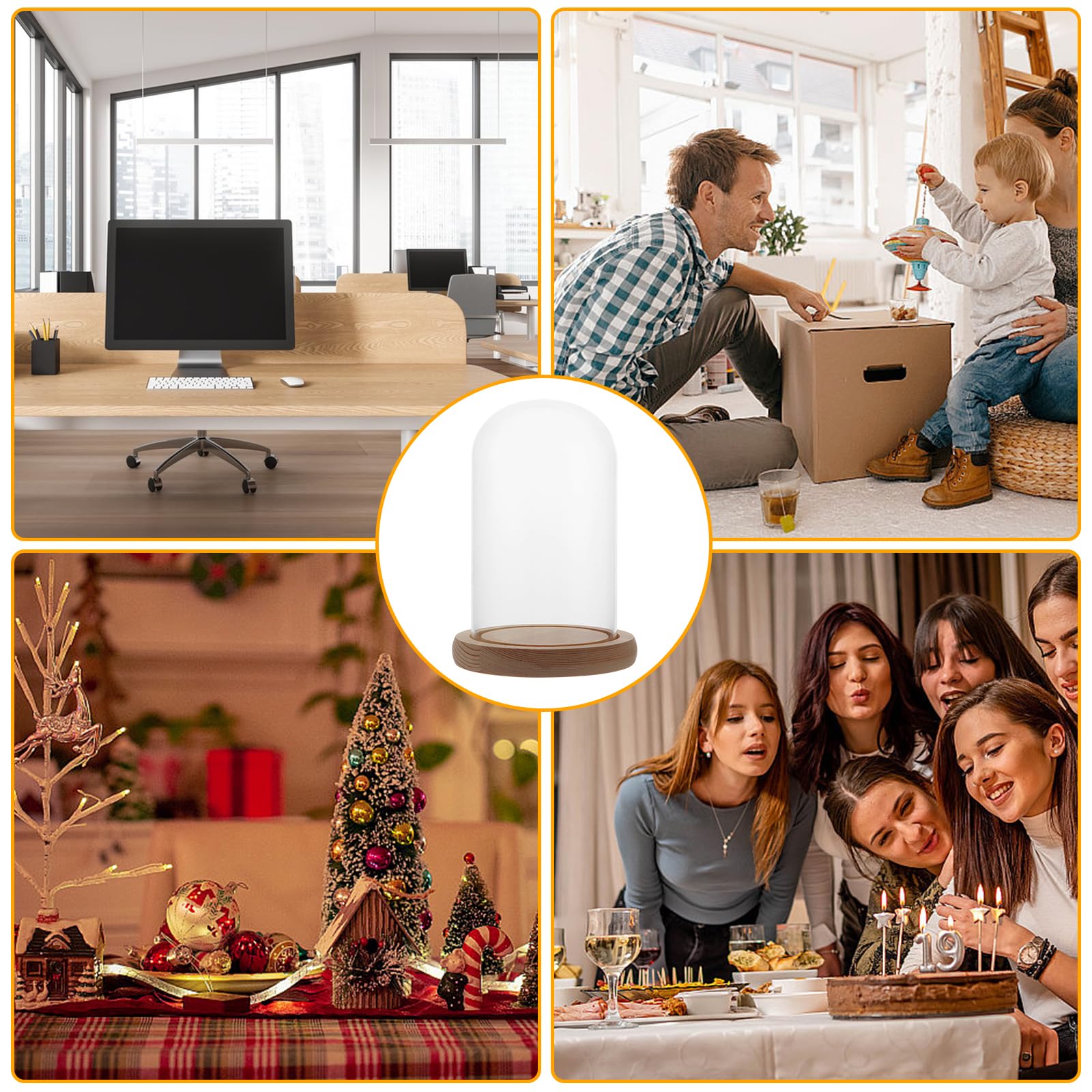 Set di 2 campane in vetro trasparente con fondo in legno, altezza 15 cm, per bambole, decorazioni da tavolo e antichità