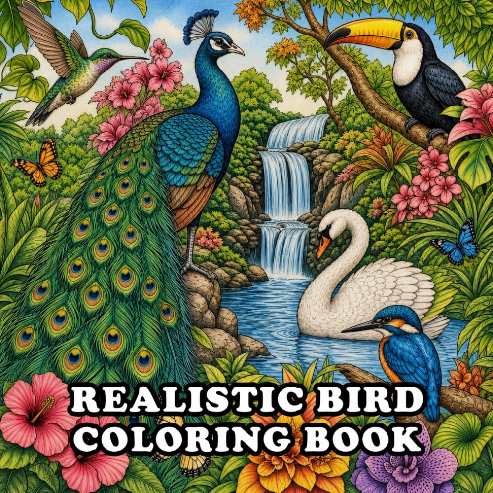 Realistic Bird Coloring Book For Adults: A Beautiful Grayscale Coloring Book Featuring Realistic Birds, Songbirds, Eagles, Owls, Parrots, ... and Scenic Nature Landscapes for Adults