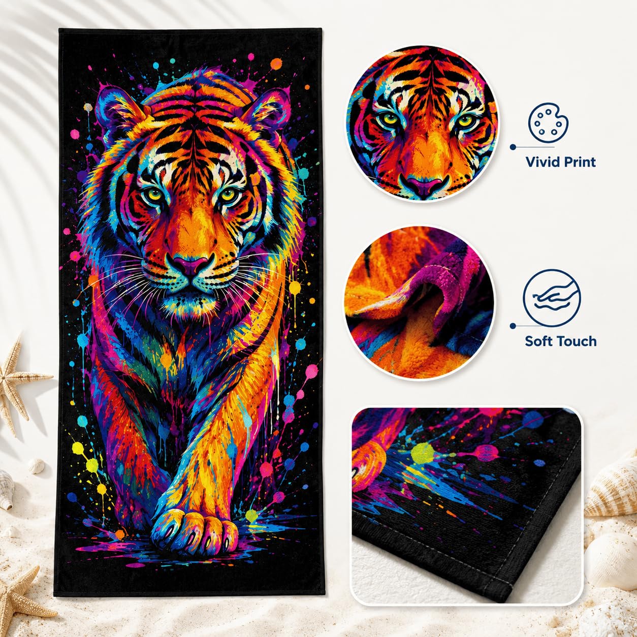 Telo Mare Microfibra Tigre Colorato Asciugatura Rapida | Asciugamano da Spiaggia Tigre Astratta, 145x200 cm, Assorbente, Accessori Mare, per Palestra Viaggio