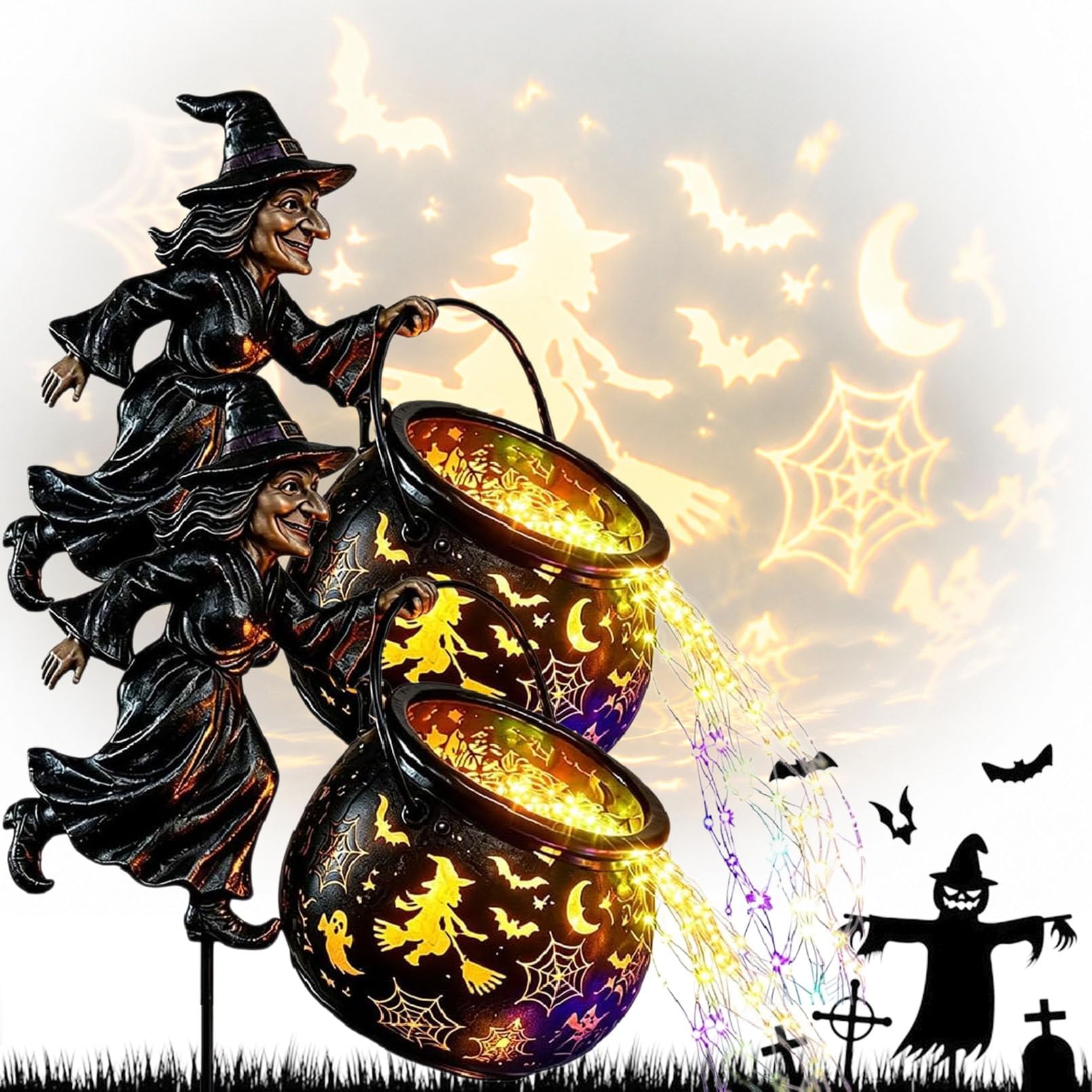 Halloween Witch Lamp | Witch Hat Cauldron Light String & Wall Projection | Fantasy Waterfall-Style Colorful Light-Flow Witches Garden Stake Light | Magical Halloween Decoration for Yard Lawn Pathway