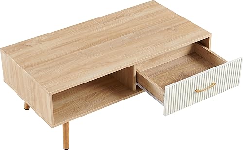 Miniatura 24 de IANIYA Mesa de centro bohemia con almacenamiento, mesa de comedor con cajón de ratán y patas de madera maciza, mesas centrales pequeñas para sala de