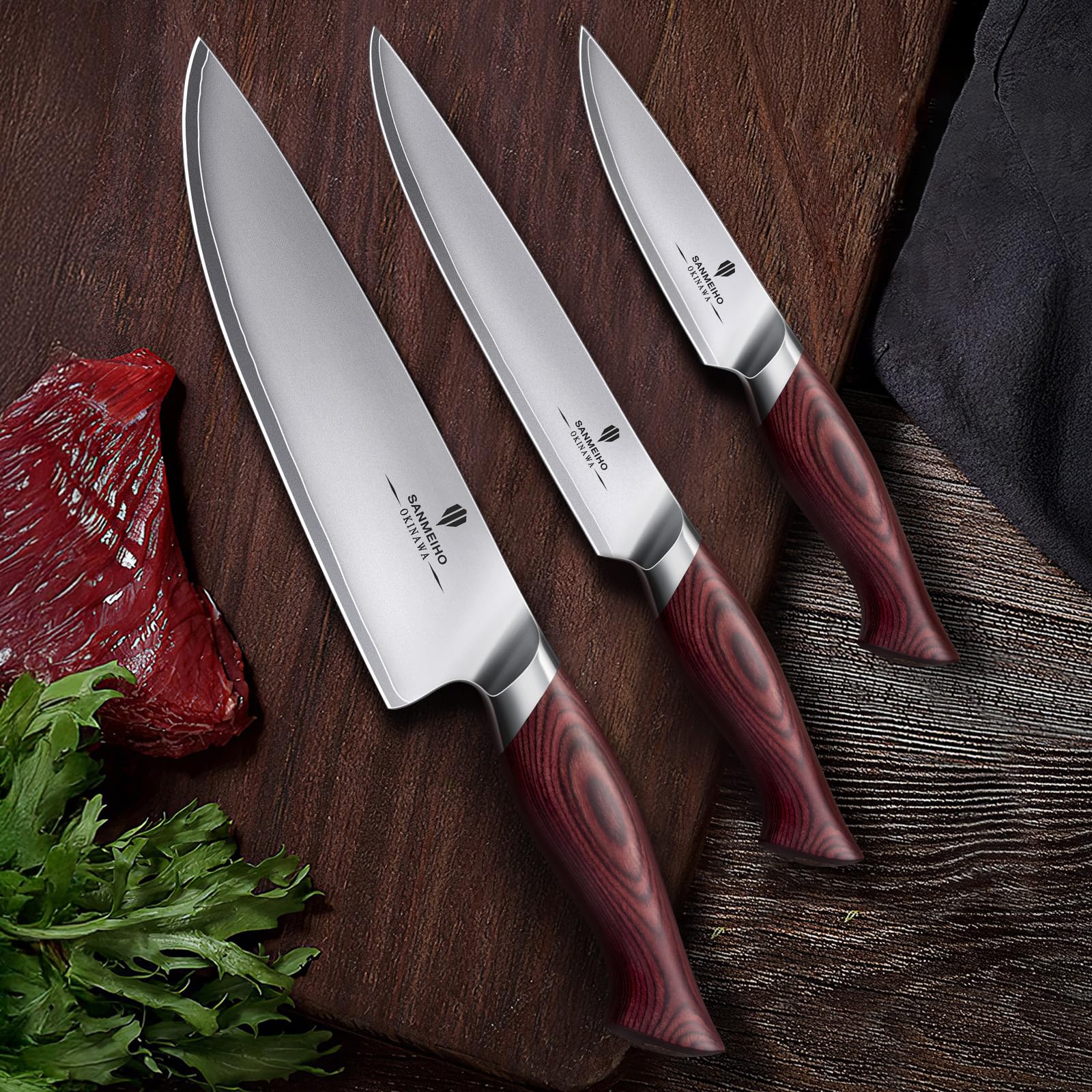 SANMEIHO Messerset 3-teilig, Japanisches Küchenmesserset aus 10Cr15MoV Edelstahl, Ultrascharfes Profi Kochmesserset mit Ergonomischem Holzgriff, Kochmesser Allzweckmesser Schälmesser - OKINAWA Series