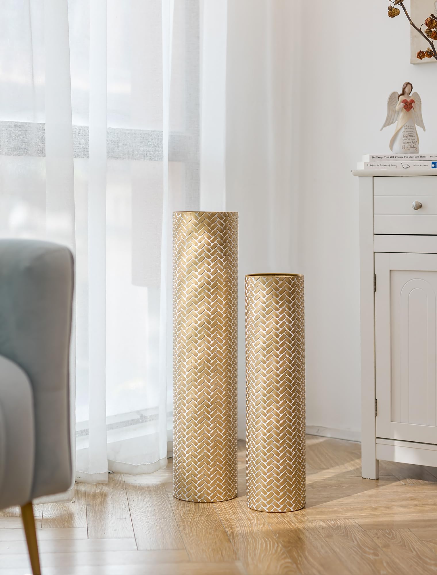 Sziqiqi Vaso da Terra Alto Oro: Vasi Alti Extra Grandi Per Soggiorno 70/55 cm - Metallo Vaso da Pavimento Giganti Alti Set di 2 per Camera da Letto Ufficio Corridoio