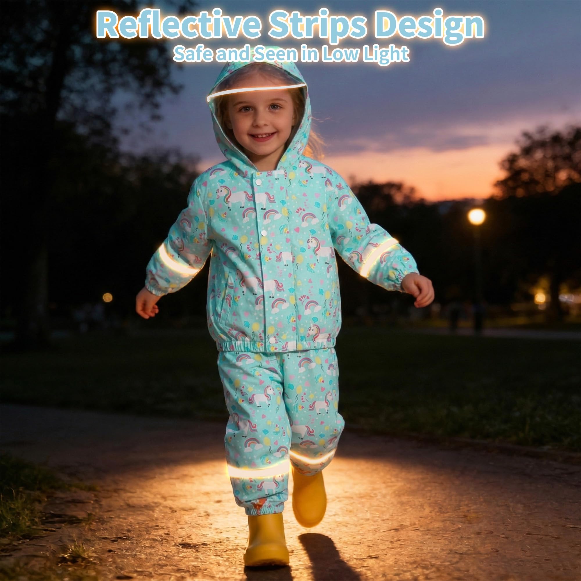 JinBei Imperméable Enfants Respirant Combinaison de Pluie Garçon Fille Léger Ensemble Pluie à Réfléchissant Pantalon et Veste à Capuche Pliante Costume Imperméables 2 Pièces 1-7 Ans