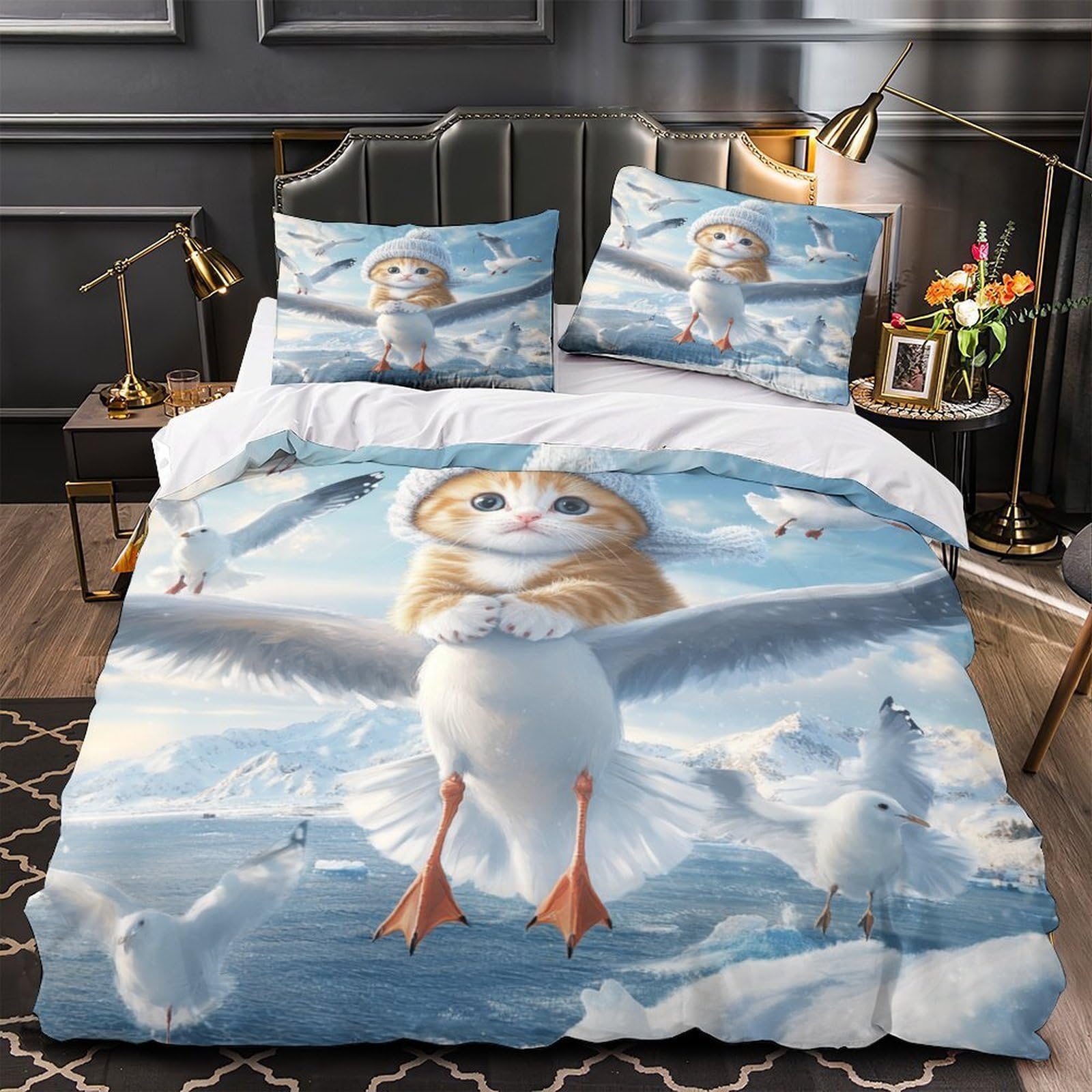 Fantaisie hivernale avec la housse de couette chaton mignon 3D pour chambre d'enfant et ado