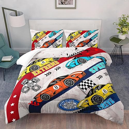 AILONEN Juego de edredón de coche de carreras, tamaño matrimonial, juego de ropa de cama a cuadros para niños y niños, cama de auto de carreras de