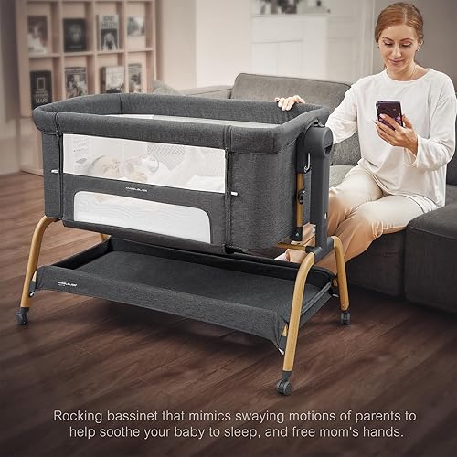 Miniatura 7 de ANGELBLISS Cuna de bebé 3 en 1, Cunas mecedoras para dormir al lado de la cama con colchón cómodo y ruedas, 6 alturas ajustables, plegable fácil