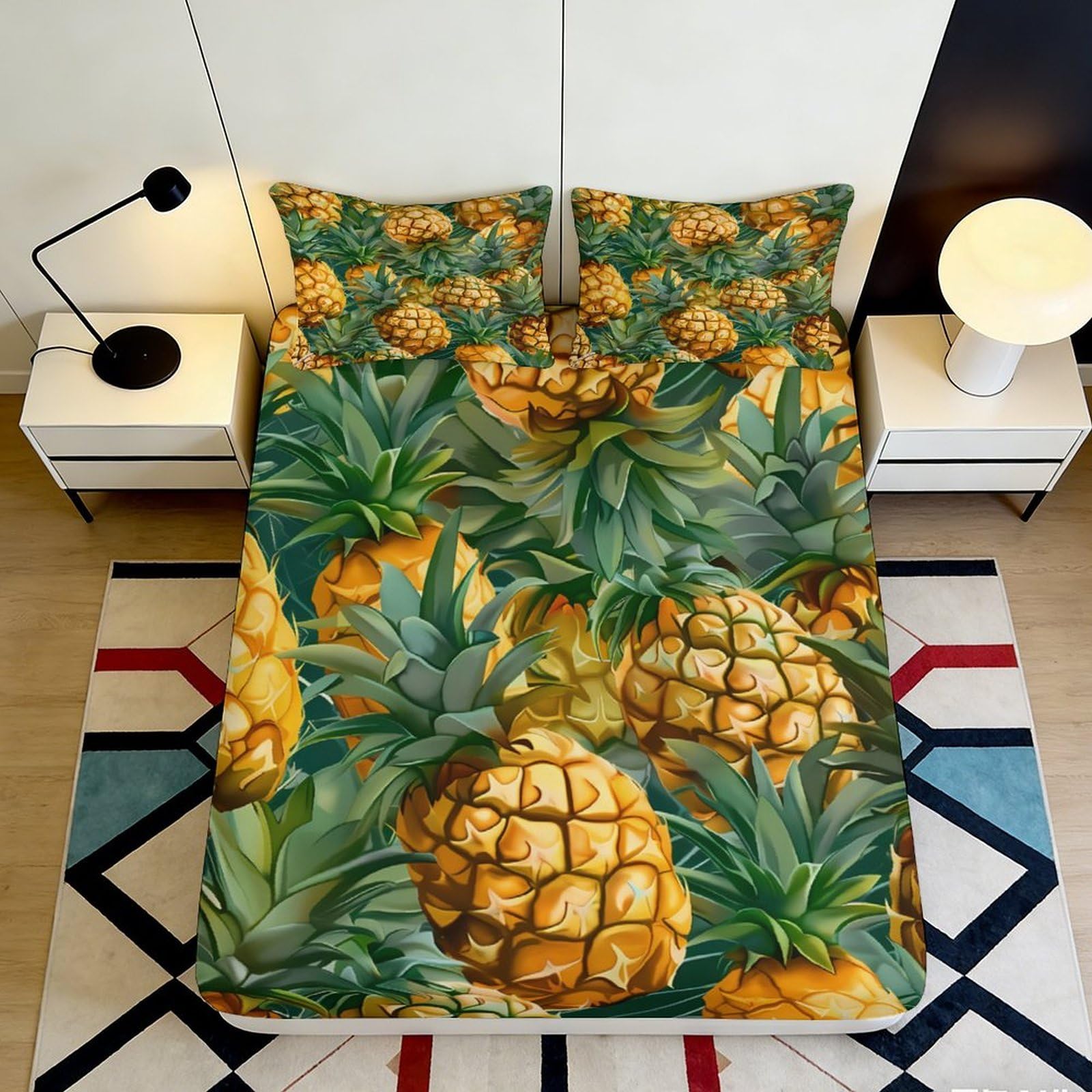 3D Printed Pineapple Tropical Fitted Sheet Microfiber Soft Breathable Fruit Bed Cover for Bedroom Dorm Mattress Protection Decor 90x200x25cm
