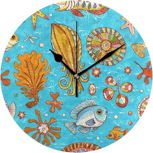 Retro Sea Fish Cuttlefish Blue 10 Inch Round Wall Kitchen Clock Non-Ticking Art for Office Kitchen Dining Room reloj de pared para cuarto