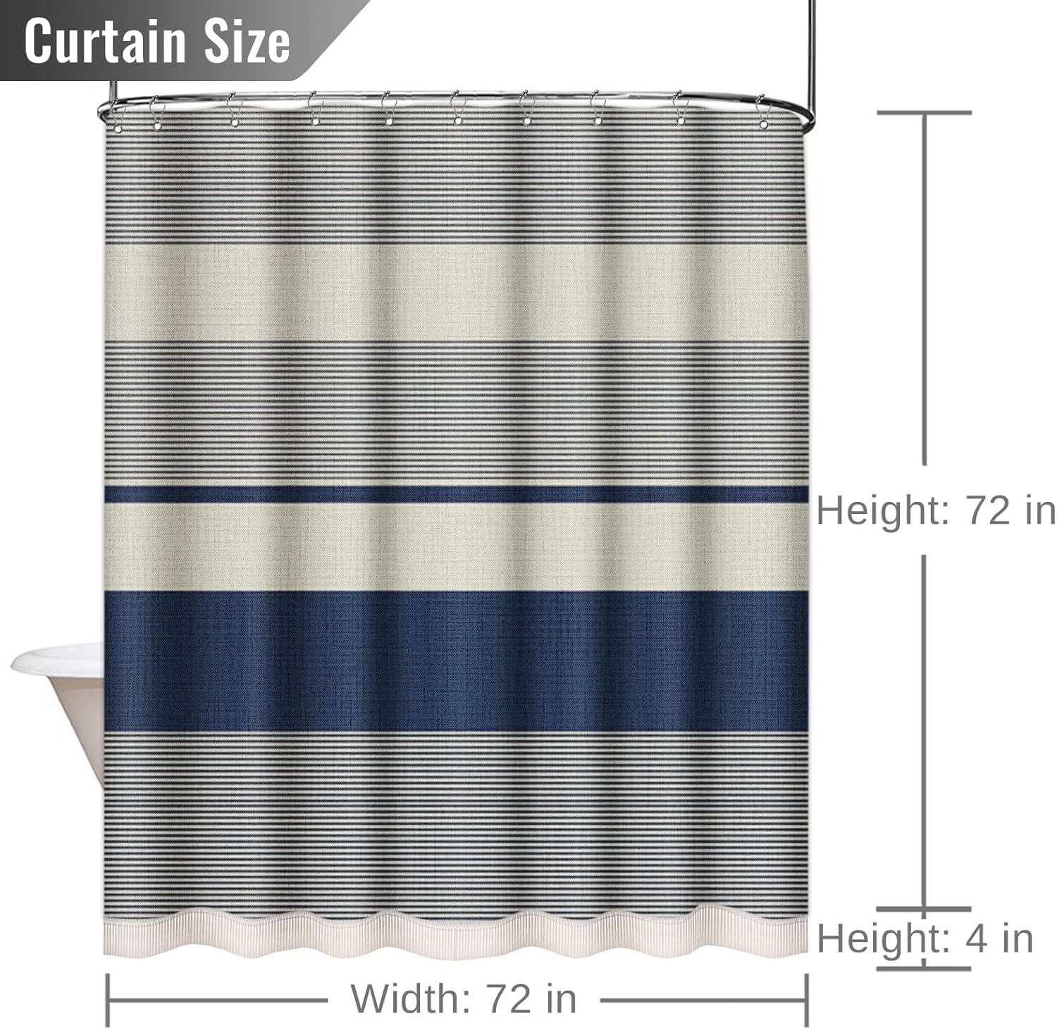 Emvency Boho Farmhouse Navy Blue Stripe Tassel Shower Curtain Set, Bohemian Modern Cream Striped Fabric Cloth Shower Curtains for Bathroom Decor 72 x 72 Inches with Upgraded Metal Hooks
